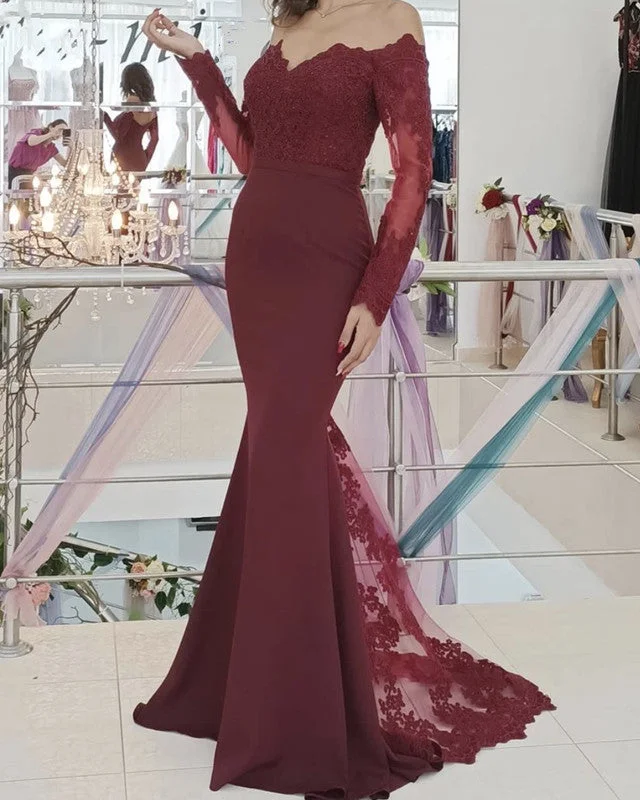 Super Deal Sheer Neck Lace Long Sleeves Prom Dresses Mermaid