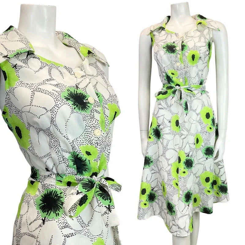Act Fast VINTAGE 60s 70s WHITE BLACK LIME GREEN DOTTY FLORAL SLEEVELESS SWING DRESS 10 Act Fast VINTAGE 60s 70s WHITE BLACK LIME GREEN DOTTY FLORAL SLEEVELESS SWING DRESS 10