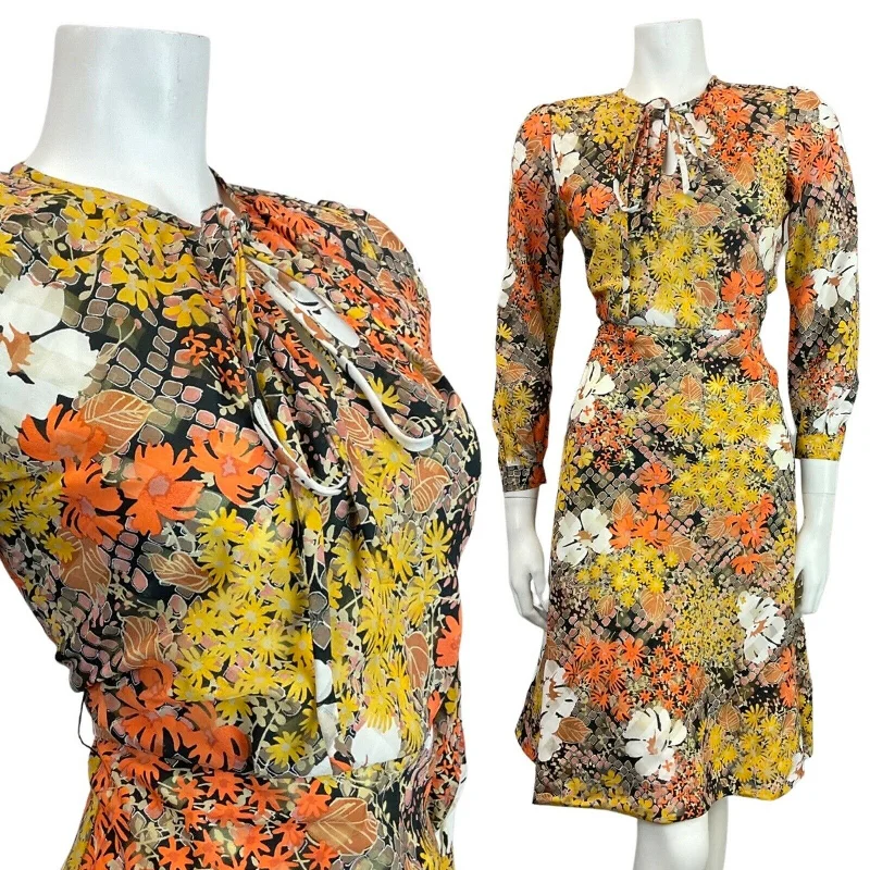Today's Special VINTAGE 60s 70s ORANGE YELLOW BLACK PSYCHEDELIC FLORAL SWING DRESS 10