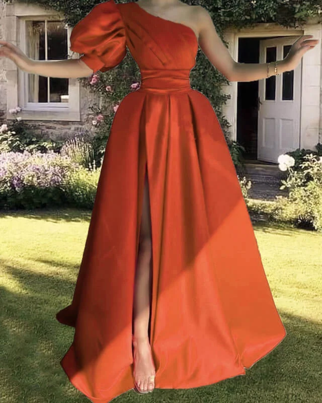 Act Fast Burnt orange satin one sleeve dress