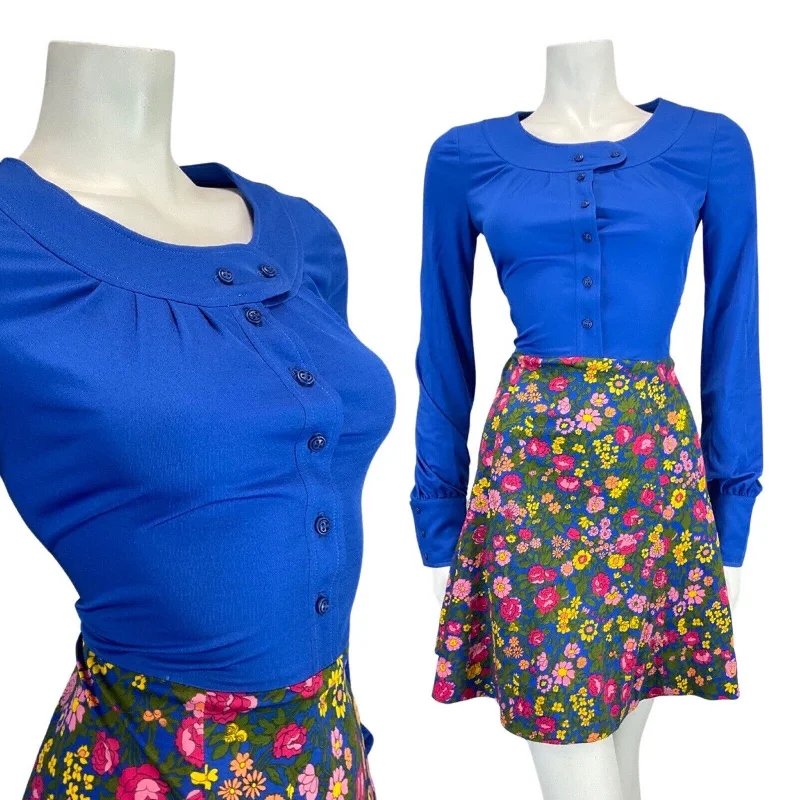 Deal Zone VINTAGE 60s 70s BLUE PINK YELLOW FLORAL VINE MOD LONGSLEEVE SHORT DRESS 10