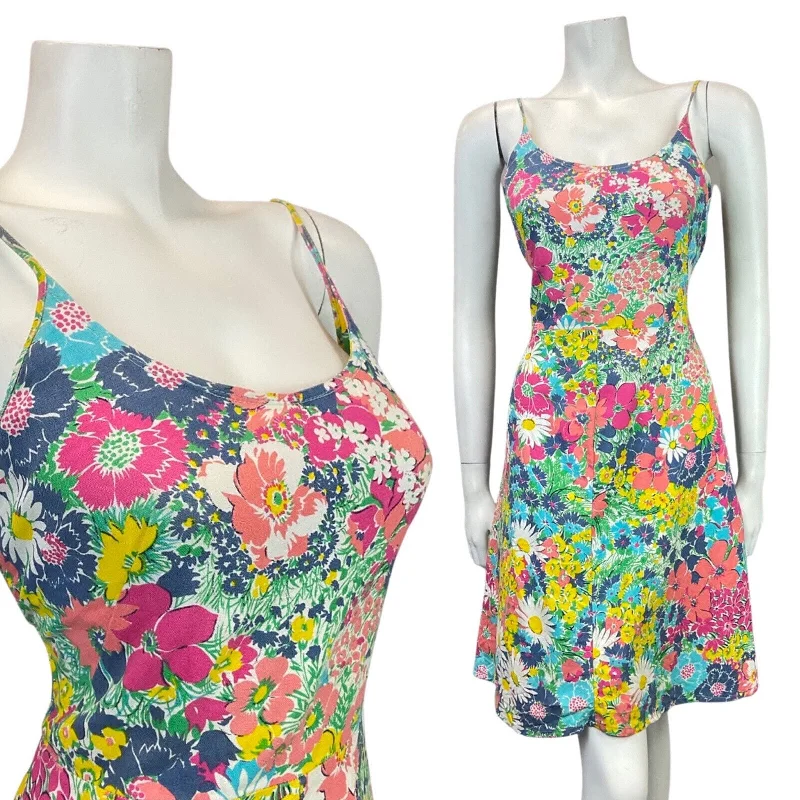 Reduced Prices VINTAGE 60s 70s BLUE PINK GREEN FLORAL PSYCHEDELIC STRAPPY SUMMER SUNDRESS 10 12