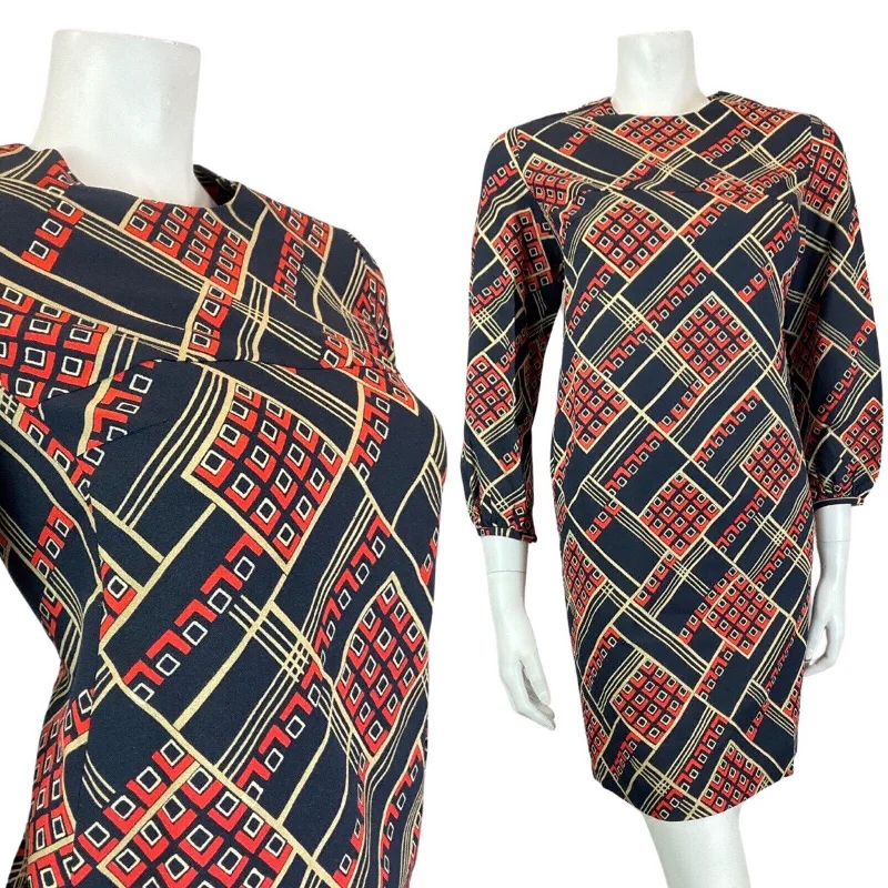 Bonus Savings VINTAGE 60s 70s BLUE RED BEIGE GEOMETRIC SQUARE MOD EMPIRE SHIFT DRESS 12 14 Bonus Savings VINTAGE 60s 70s BLUE RED BEIGE GEOMETRIC SQUARE MOD EMPIRE SHIFT DRESS 12 14