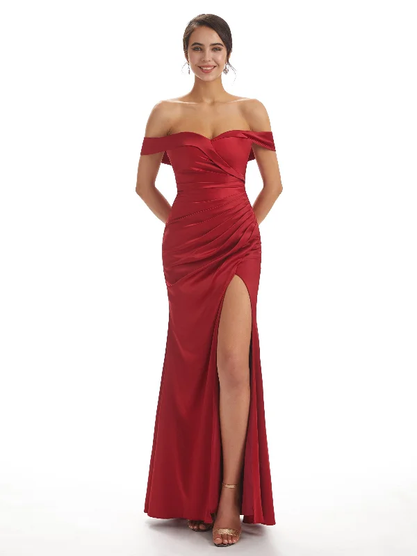 New Deals Sexy Side Slit Off The Shoulder Mermaid Soft Satin Bridesmaid Dresses Online New Deals Sexy Side Slit Off The Shoulder Mermaid Soft Satin Bridesmaid Dresses Online