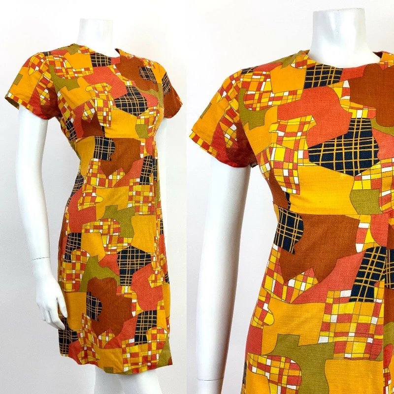 Factory Direct Sale VTG 60s 70s ORANGE YELLOW RED BLACK PSYCHEDELIC CHECKED ABSTRACT MOD DRESS 12