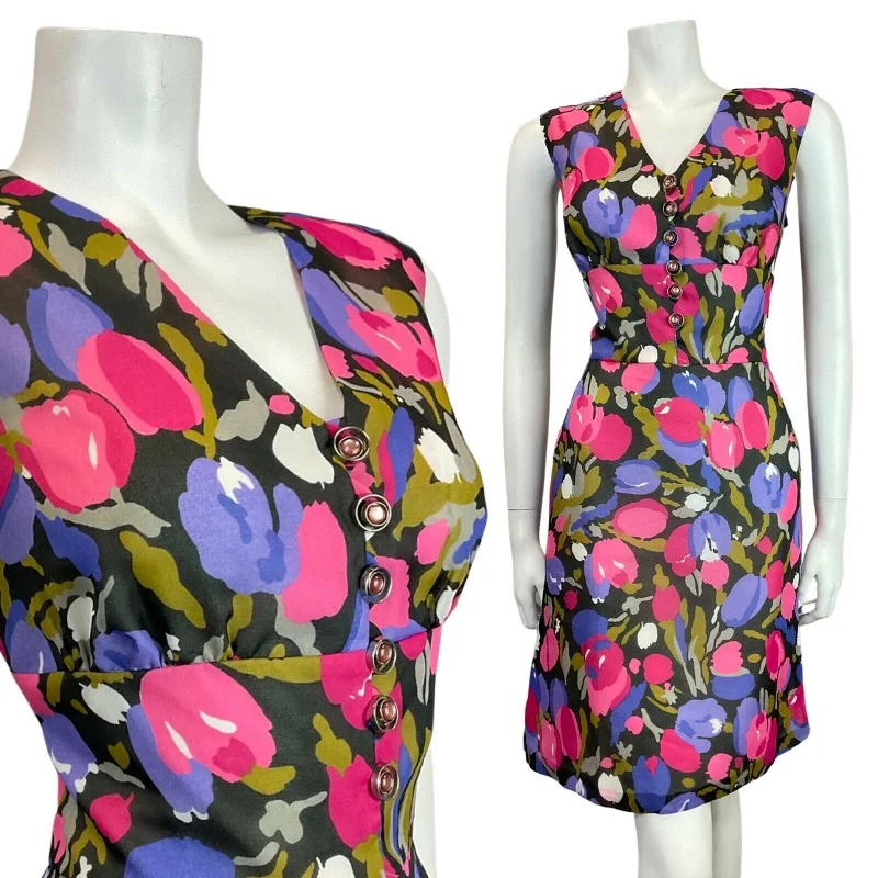 The Best Prices VINTAGE 60s 70s PURPLE PINK BLACK TULIP FLORAL SLEEVELESS MOD SHORT DRESS 10 12 The Best Prices VINTAGE 60s 70s PURPLE PINK BLACK TULIP FLORAL SLEEVELESS MOD SHORT DRESS 10 12