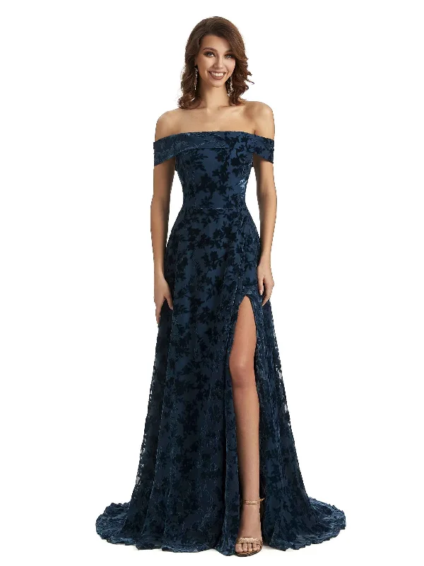 Warehouse Sale Sexy Side Slit Floral  Velvet Off The Shoulder Long Bridesmaid Dresses Online