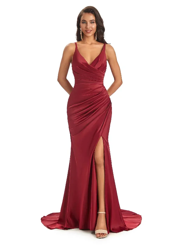 Special Price Soft Satin Side Slit Spaghetti Straps V-neck Long Sexy Mermaid Bridesmaid Dresses