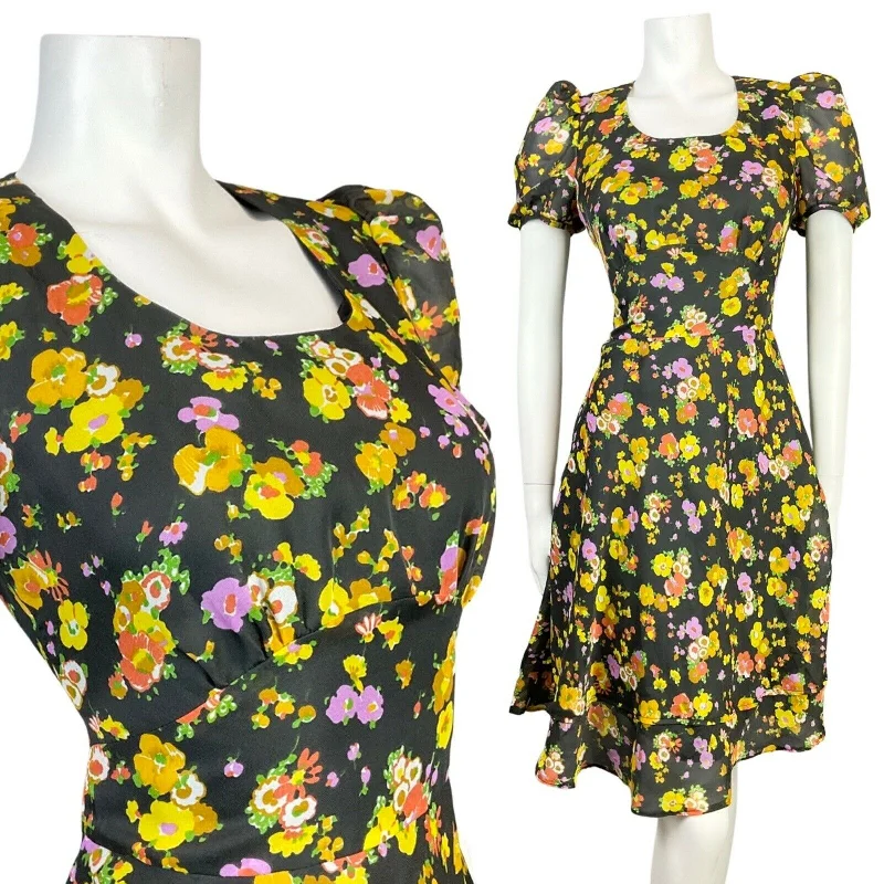 Super Sale VINTAGE 60s 70s BLACK YELLOW LILAC FLORAL SHEER PUFF SLEEVE SWING DRESS 8 Super Sale VINTAGE 60s 70s BLACK YELLOW LILAC FLORAL SHEER PUFF SLEEVE SWING DRESS 8