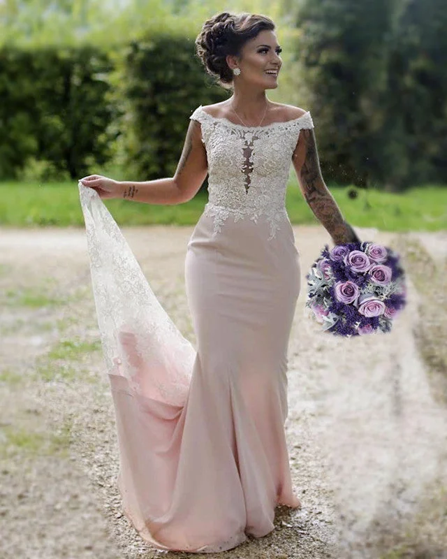 One-DAY Sale High Neck Mermaid Bridesmaid Dresses Lace Train