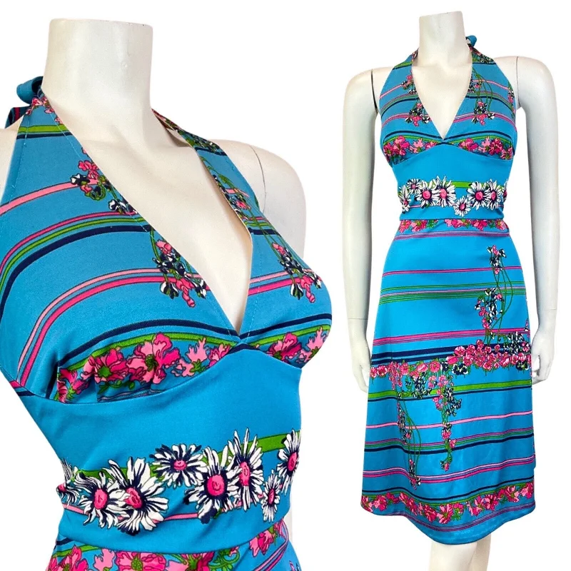 Fantastic Offers VINTAGE 60s 70s BLUE PINK WHITE FLORAL DAISY STRIPED SUMMER HALTER DRESS 12 14 Fantastic Offers VINTAGE 60s 70s BLUE PINK WHITE FLORAL DAISY STRIPED SUMMER HALTER DRESS 12 14