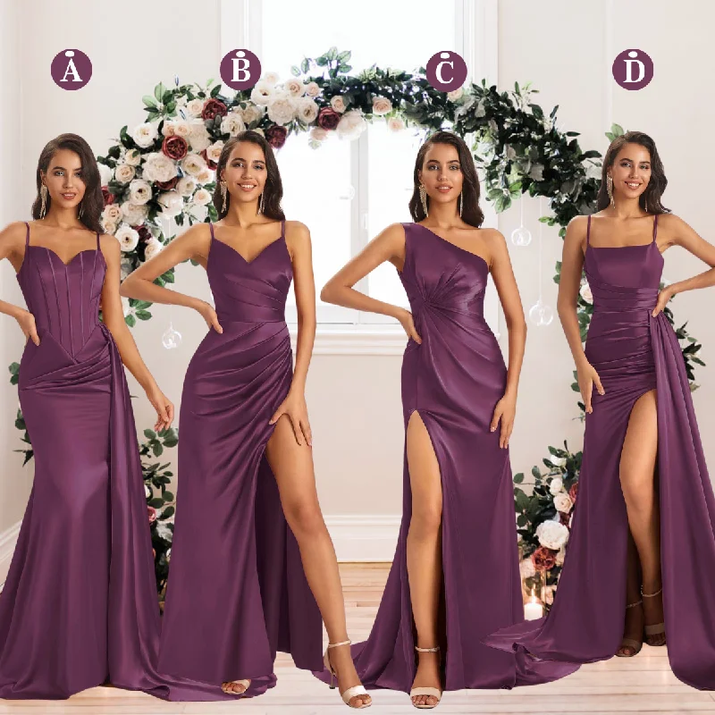 Take Advantage Mismatched Grape Sexy Side Slit Mermaid Soft Satin Long Bridesmaid Dresses Online Take Advantage Mismatched Grape Sexy Side Slit Mermaid Soft Satin Long Bridesmaid Dresses Online
