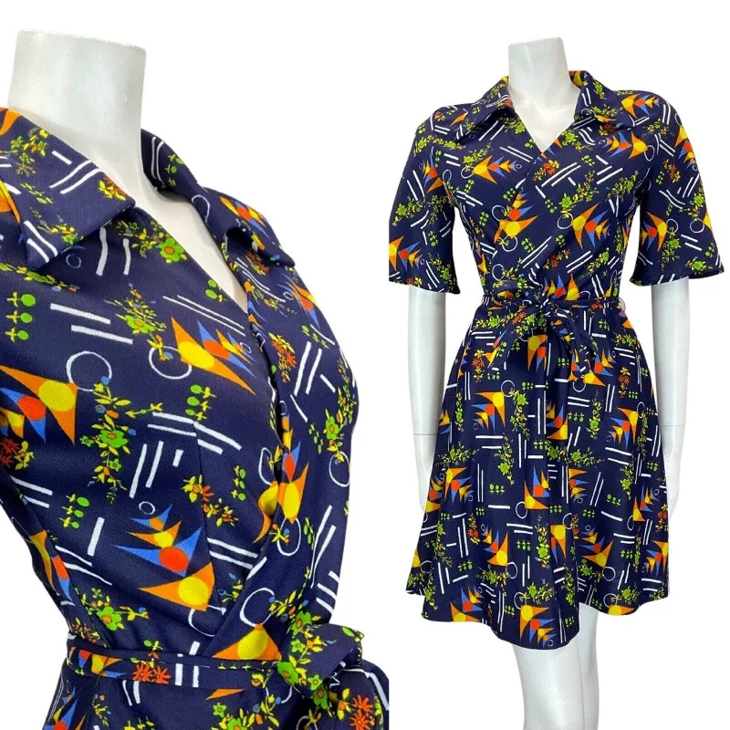 The Best Prices VINTAGE 60s 70s BLUE YELLOW GREEN GEOMETRIC FLOWER DAGGER COLLAR SHORT DRESS 10 The Best Prices VINTAGE 60s 70s BLUE YELLOW GREEN GEOMETRIC FLOWER DAGGER COLLAR SHORT DRESS 10