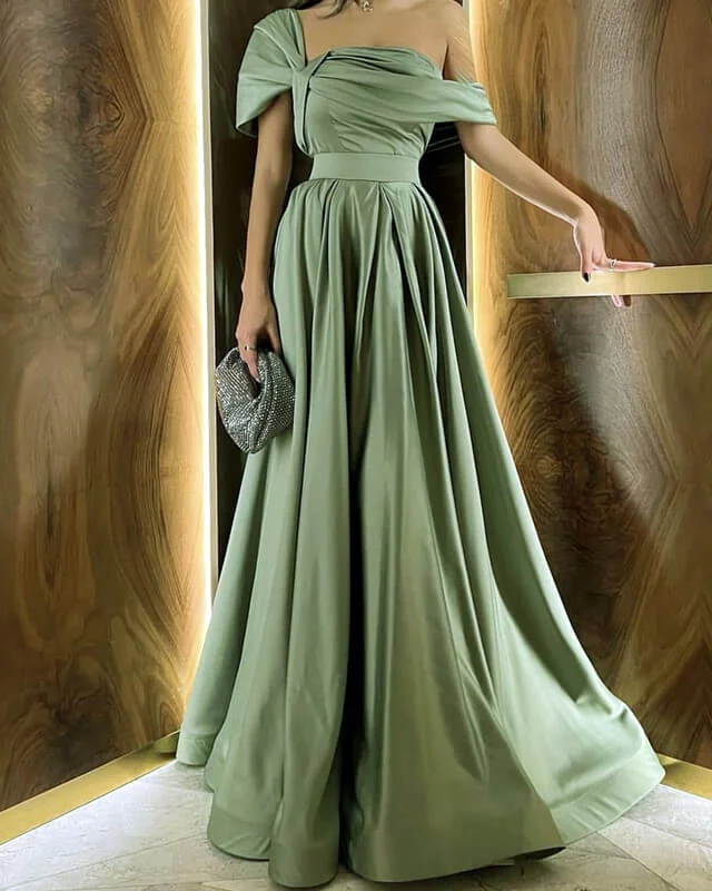 Overstock A-line Sage Satin Asymmetrical Neckline Dress