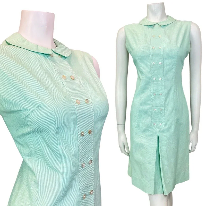 Hurry In VINTAGE 60s 70s MINT GREEN WHITE PIN-STRIPE PETER PAN SLEEVELESS DRESS 12