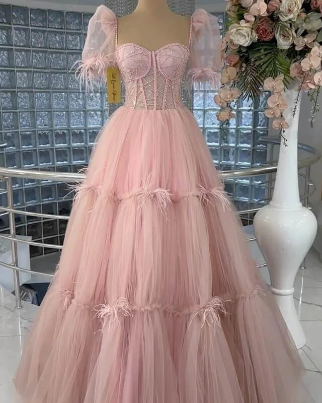 Price Reduction Pink Tiered Tulle Ball Gown Puffy Sleeves Dress