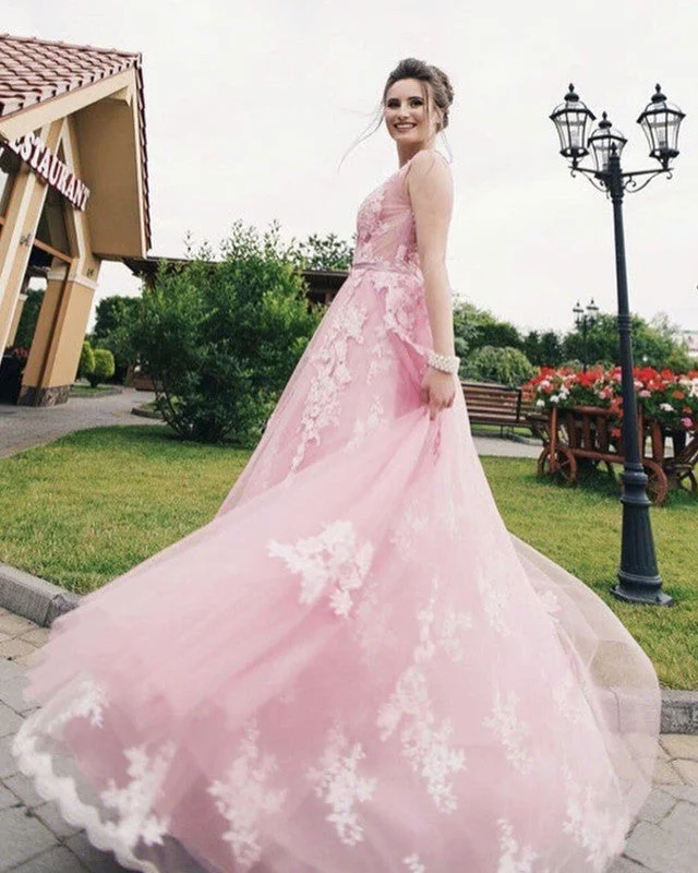 Now or Never Elegant A-line V Neck Tulle Long Dresses Lace Appliques