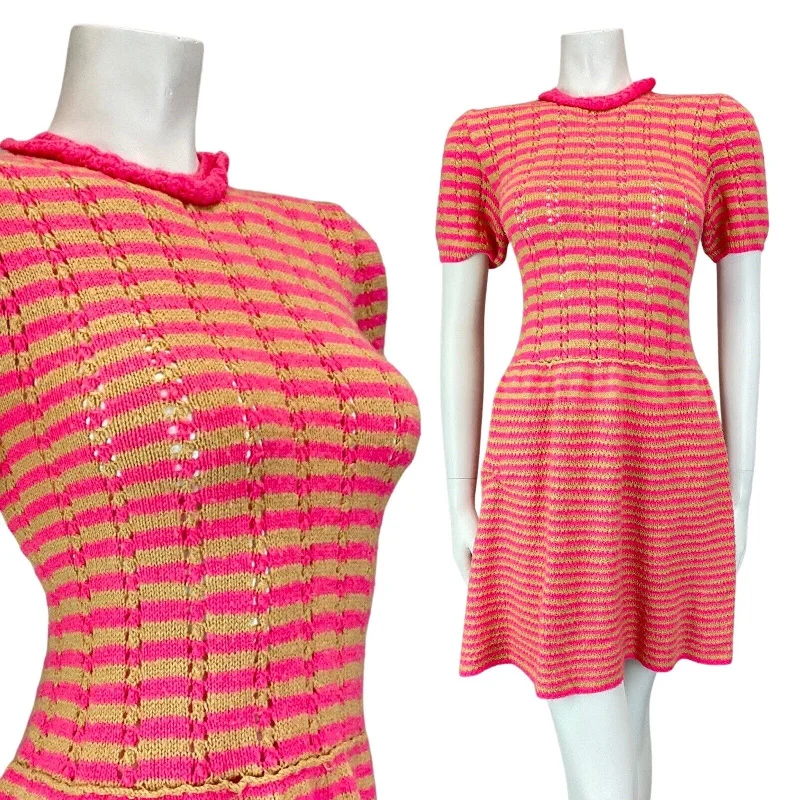 Online Only VINTAGE 60s PINK BEIGE STRIPED KNITTED CROCHETED MOD SUMMER SHORT DRESS 10