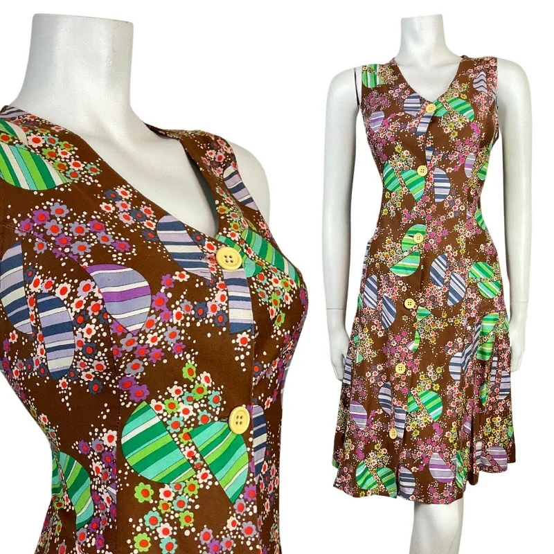 Act Now VINTAGE 60s 70s BROWN GREEN PURPLE PSYCHEDELIC DAISY DOTTY MOD DRESS 10 12