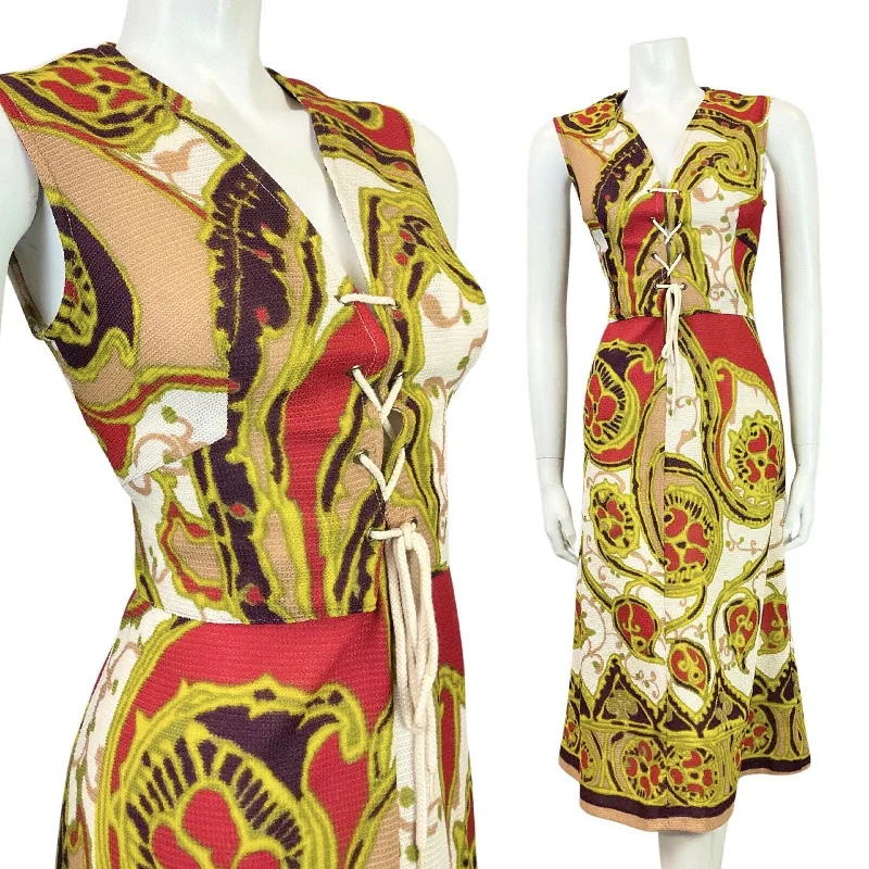 Reduced Prices VINTAGE 60s 70s WHITE GOLD RED PURPLE PSYCHEDELIC FLORAL LACE-UP MIDI DRESS 12 Reduced Prices VINTAGE 60s 70s WHITE GOLD RED PURPLE PSYCHEDELIC FLORAL LACE-UP MIDI DRESS 12