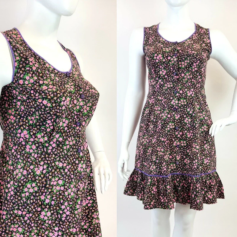 Deal Explosion VTG 60s 70s BLACK PURPLE PINK FLORAL DITSY BOHO SLEEVELESS RUFFLE DRESS 16 18 Deal Explosion VTG 60s 70s BLACK PURPLE PINK FLORAL DITSY BOHO SLEEVELESS RUFFLE DRESS 16 18