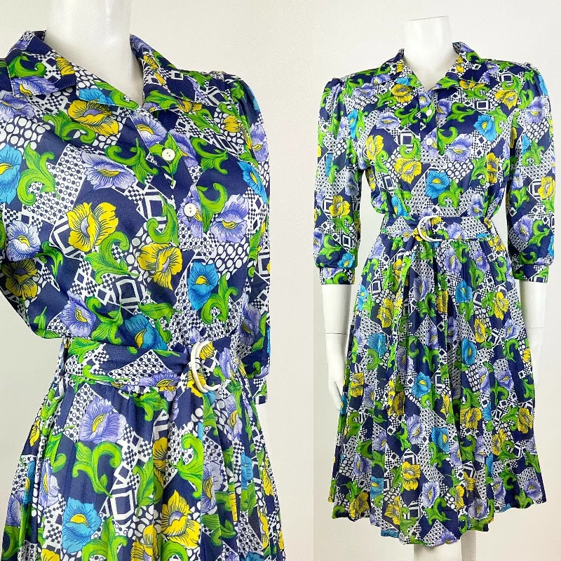Seasonal Clearance VINTAGE 70s BLUE GREEN YELLOW WHITE PSYCHEDELIC FLORAL BLOUSON SWING DRESS 10 12 Seasonal Clearance VINTAGE 70s BLUE GREEN YELLOW WHITE PSYCHEDELIC FLORAL BLOUSON SWING DRESS 10 12