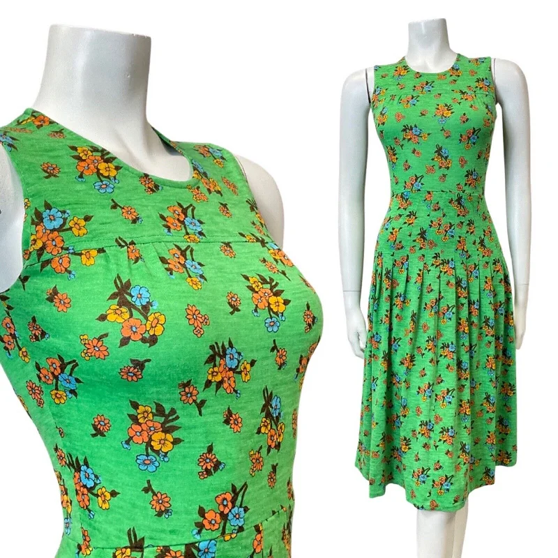 Great Deals VINTAGE 60s 70s GREEN ORANGE BLUE FLORAL SLEEVELESS PLEATED SWING MIDI DRESS 8 Great Deals VINTAGE 60s 70s GREEN ORANGE BLUE FLORAL SLEEVELESS PLEATED SWING MIDI DRESS 8