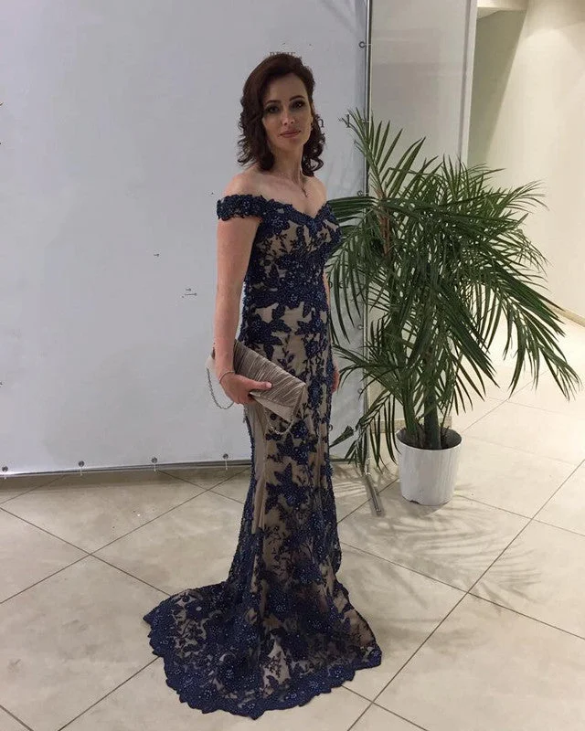 Best Bargains Nude Tulle Mermaid Off Shoulder Evening Dresses Lace Embroidery