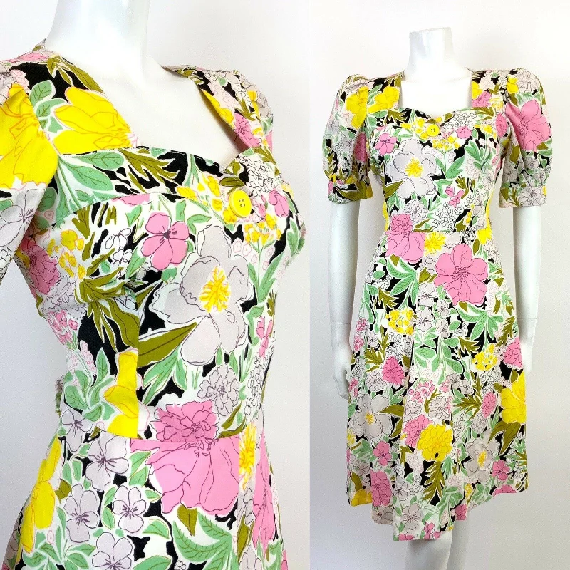 Savings Bonanza VINTAGE 60s 70s WHITE GREEN PINK BLACK FLORAL PUFF SLEEVE MOD SWING DRESS 10 12