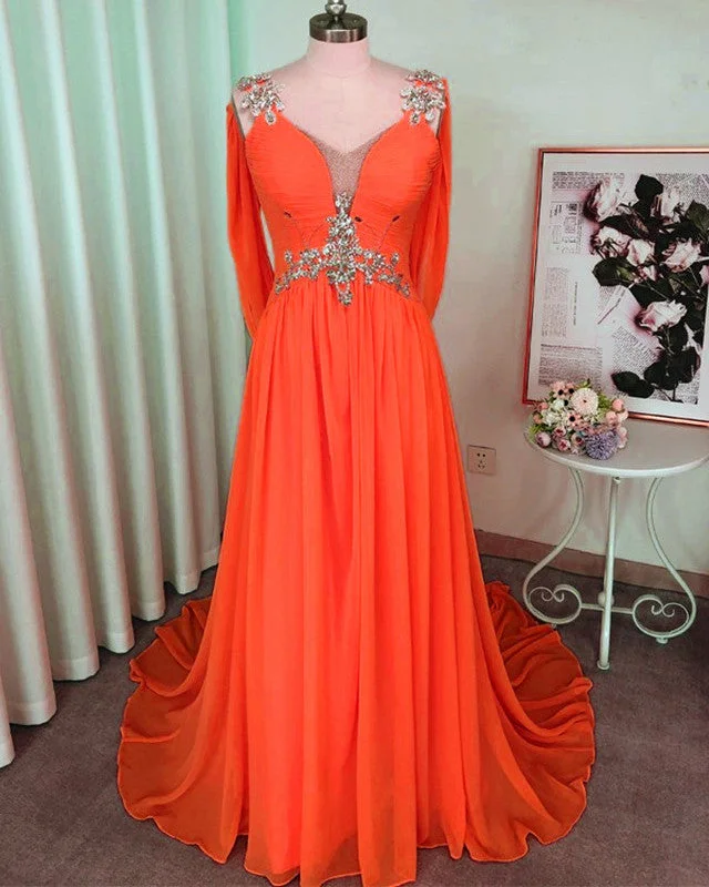 Final Clearance Beaded V Neck Long Chiffon Prom Dresses
