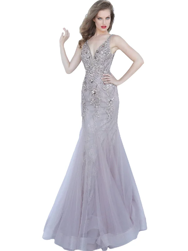 Amazing Deals Jovani Taupe Plunging Neck Embellished Dress