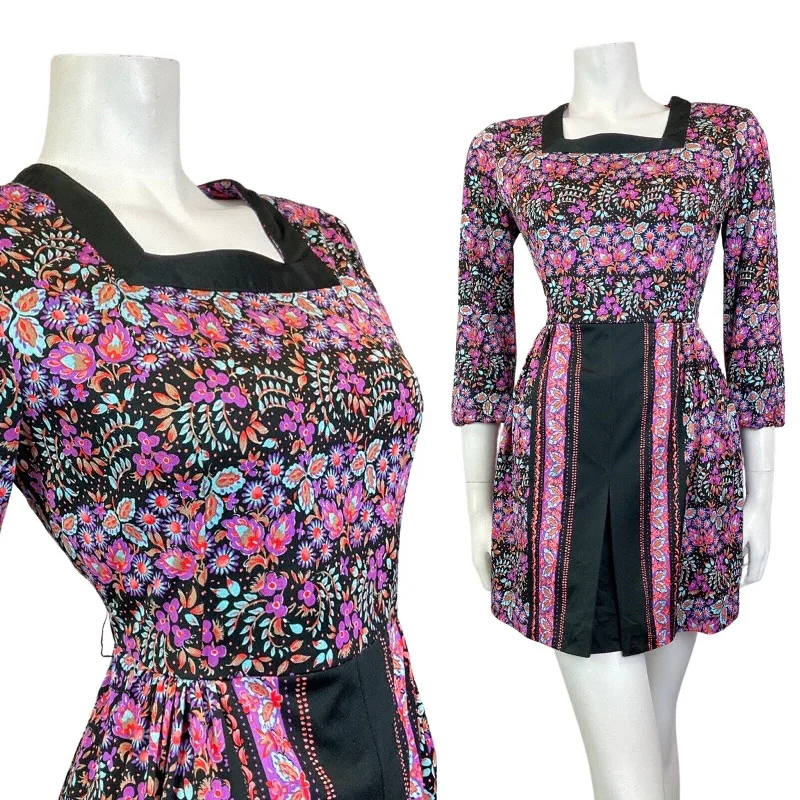Exclusive Deal VINTAGE 60s 70s PURPLE BLUE BLACK FLORAL BOHO FOLK SUMMER MINI DRESS 10 Exclusive Deal VINTAGE 60s 70s PURPLE BLUE BLACK FLORAL BOHO FOLK SUMMER MINI DRESS 10