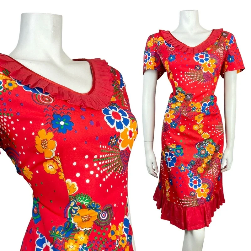 Deal Mania VINTAGE 60s 70s RED BLUE YELLOW PSYCHEDELIC SWIRL FLORAL RUFFLED DRESS 16 Deal Mania VINTAGE 60s 70s RED BLUE YELLOW PSYCHEDELIC SWIRL FLORAL RUFFLED DRESS 16