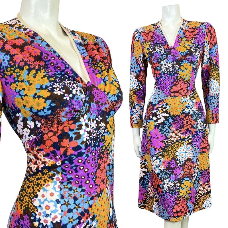 Super Deal VINTAGE 60s 70s BLUE PURPLE PINK PSYCHEDELIC FLORAL DITSY FITTED DRESS 10 12