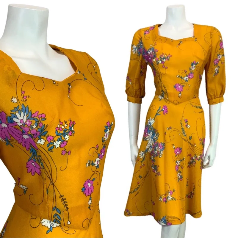 Reduced Prices VINTAGE 60s 70s ORANGE MUSTARD YELLOW PINK BLUE FLORAL PRINT MIDI DRESS 10 12