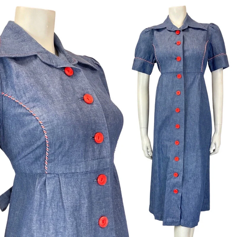 Closeout Sale VINTAGE 60s 70s BLUE RED DENIM DAGGER COLLAR WESTERN MIDI DRESS 10 12