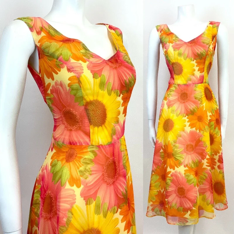 Take Advantage VINTAGE 60s 70s YELLOW ORANGE PINK FLOWER POWER GERBERA FLOATY SUMMER DRESS 8 10