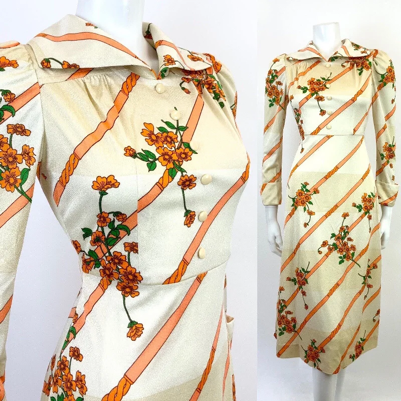 Early Bird Discount VINTAGE 60s 70s CREAM GOLD ORANGE STRIPED FLORAL ELEGANT WING COLLAR DRESS 8