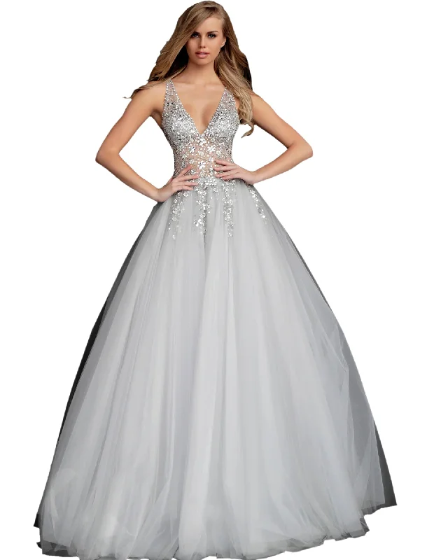 Can't Be Beat Jovani Grey Crystal Embellished Bodice Open Back Prom Ballgown Dress