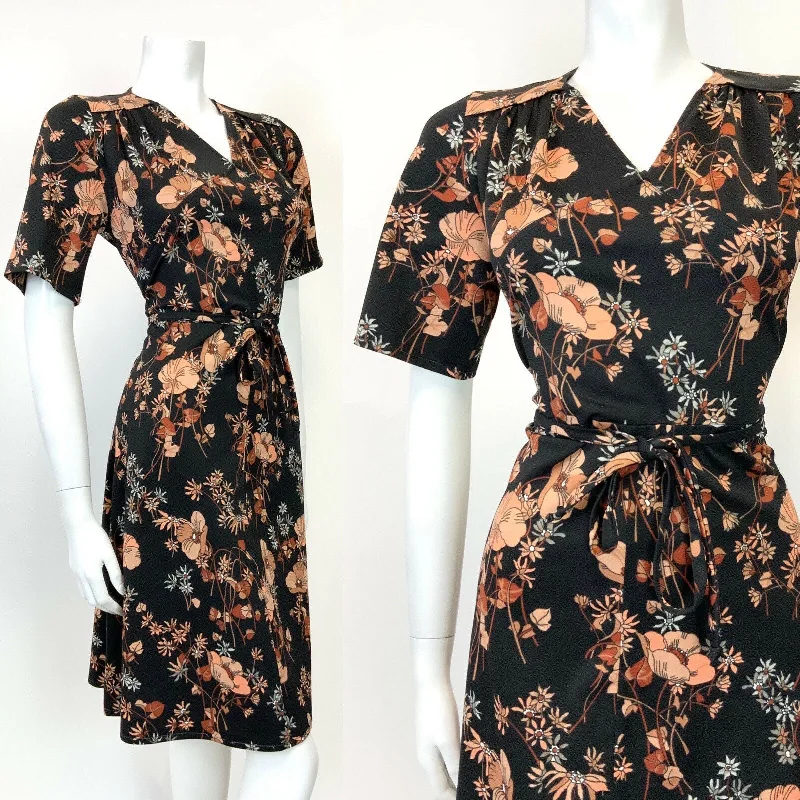Referral Discount VTG 60s 70s BLACK PEACH BROWN BEIGE FLORAL LEAFY BELTED SHORT SLEEVE DRESS 12 14 Referral Discount VTG 60s 70s BLACK PEACH BROWN BEIGE FLORAL LEAFY BELTED SHORT SLEEVE DRESS 12 14