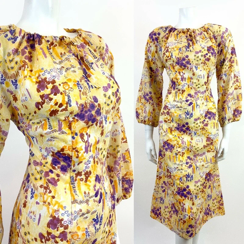 Midnight Madness VINTAGE 60s 70s YELLOW WHITE PURPLE FLORAL DITSY BOHO FOLK FLOATY DRESS 14 16
