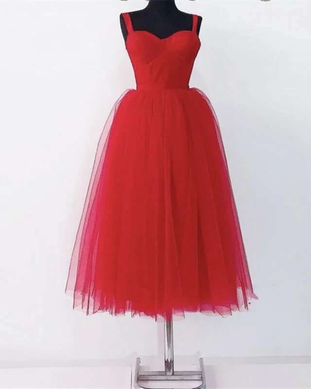 Closeout Red Tulle Spaghetti Straps Midi Corset Dress