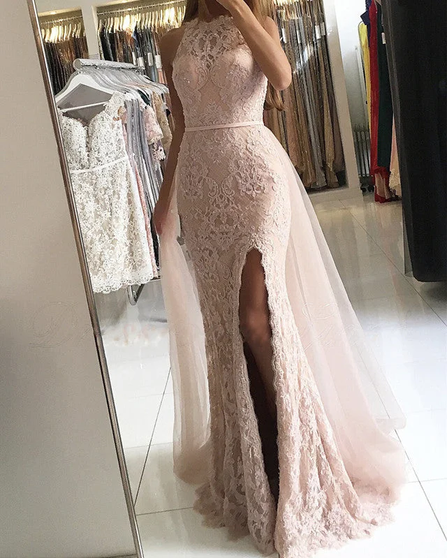 Value Deals Halter Split Mermaid Prom Lace Dresses With Tulle Skirt