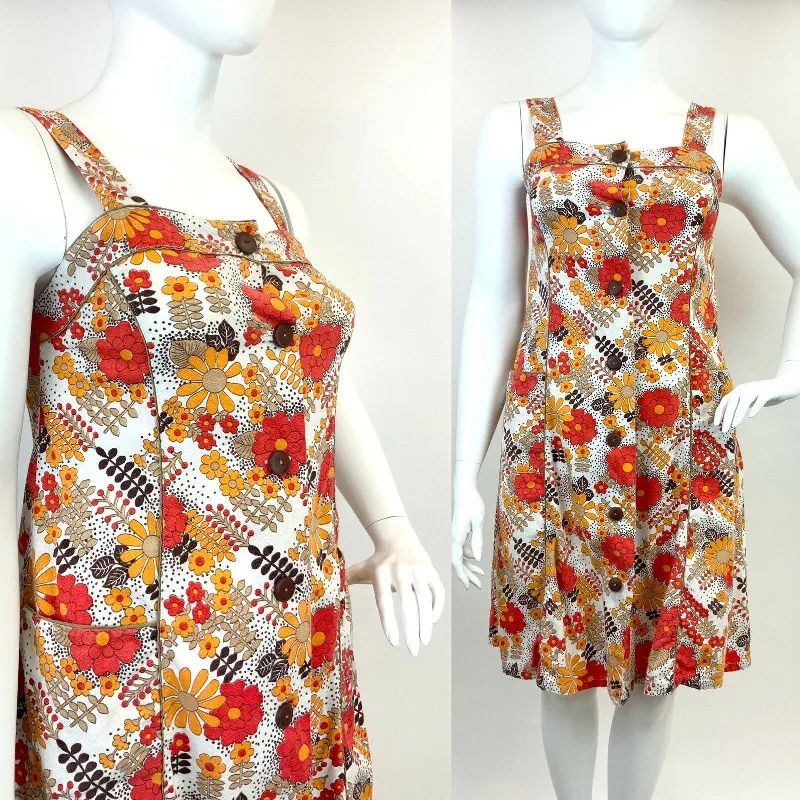Big Discounts VTG 60s 70s WHITE ORANGE BROWN FLORAL DOTTY PSYCHEDELIC PINAFORE APRON DRESS 14