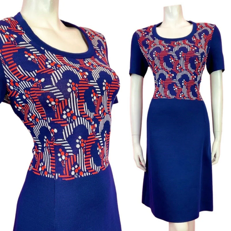 Limited Availability VINTAGE 60s 70s BLUE RED WHITE GEOMETRIC DOTTY MOD KNITTED DRESS 12 14 Limited Availability VINTAGE 60s 70s BLUE RED WHITE GEOMETRIC DOTTY MOD KNITTED DRESS 12 14