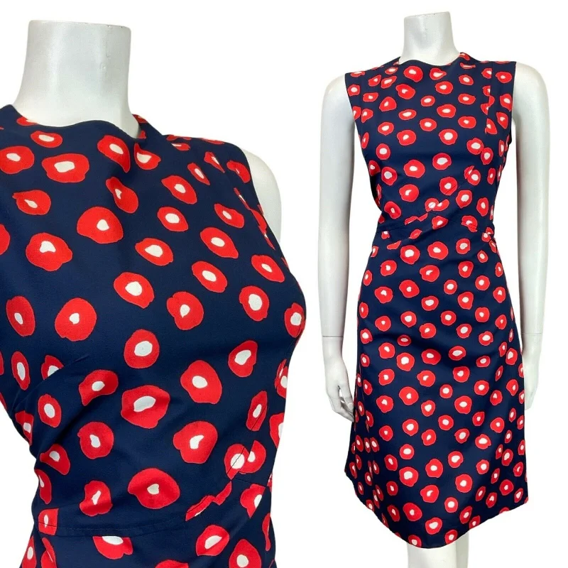 Closeout VINTAGE 60s 70s BLUE RED WHITE ABSTRACT DOTTY SLEEVELESS MOD DRESS 10 12