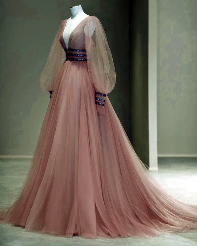 Weekend Special Long Sleeves Prom Dresses Tulle V Neck