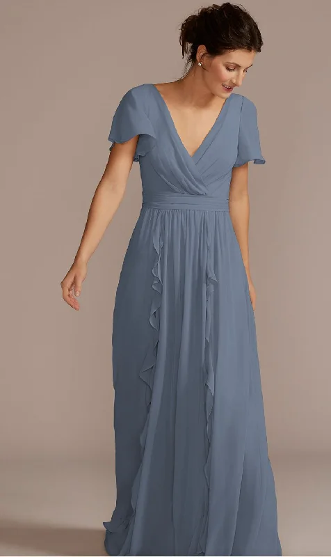 Limited Quantity David's Bridal Chiffon Flutter Sleeve (Steel Blue)