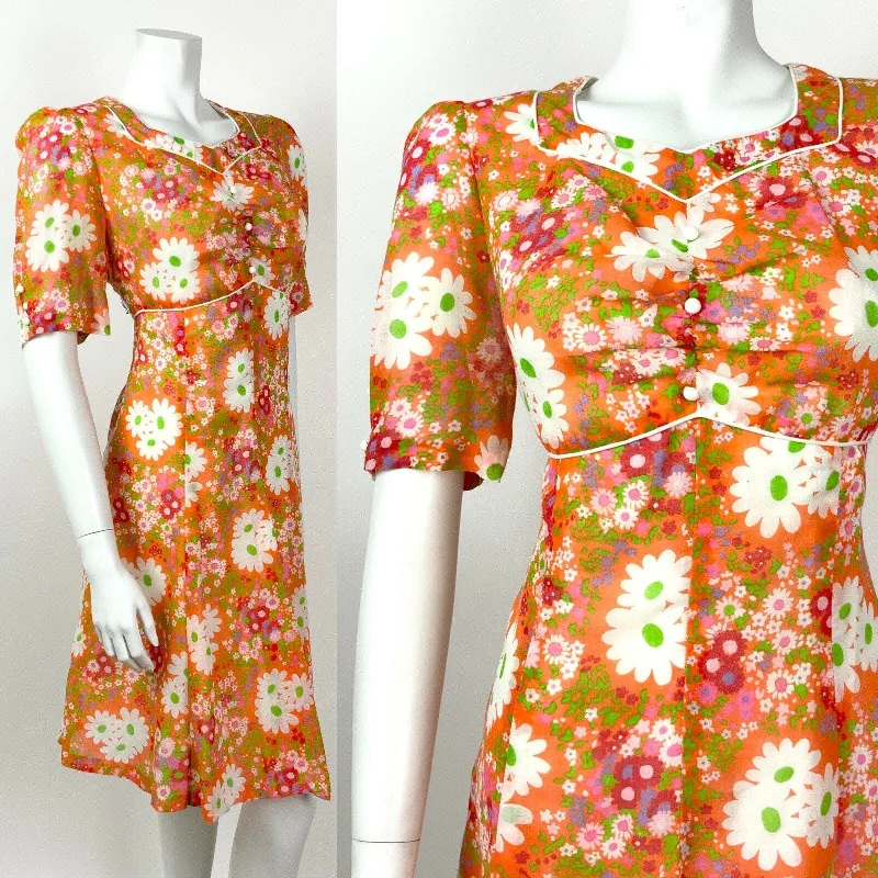 Unbeatable Prices VINTAGE 60s 70s ORANGE WHITE PINK FLORAL DAISY PSYCHEDELIC SUMMER DRESS 12 14