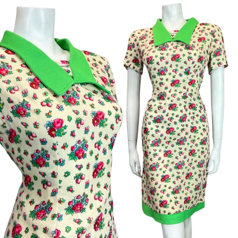 Big Discounts VTG 60s 70s CREAM GREEN RED PINK FLOWER DITSY CHELSEA COLLAR WIGGLE DRESS 12 14 Big Discounts VTG 60s 70s CREAM GREEN RED PINK FLOWER DITSY CHELSEA COLLAR WIGGLE DRESS 12 14